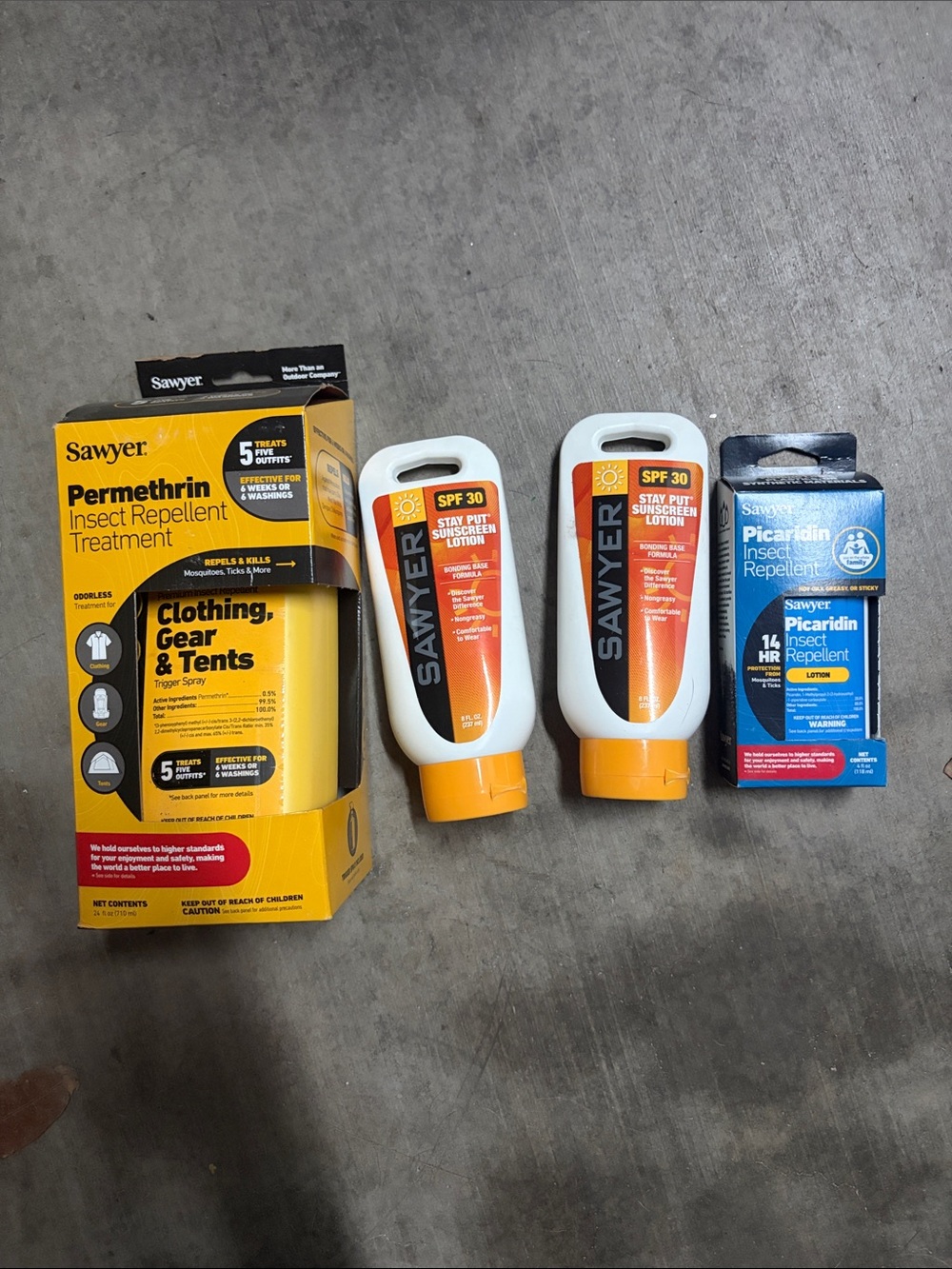 Sawyer product sunscreen, picaridin and permethrin for backpacking camping new